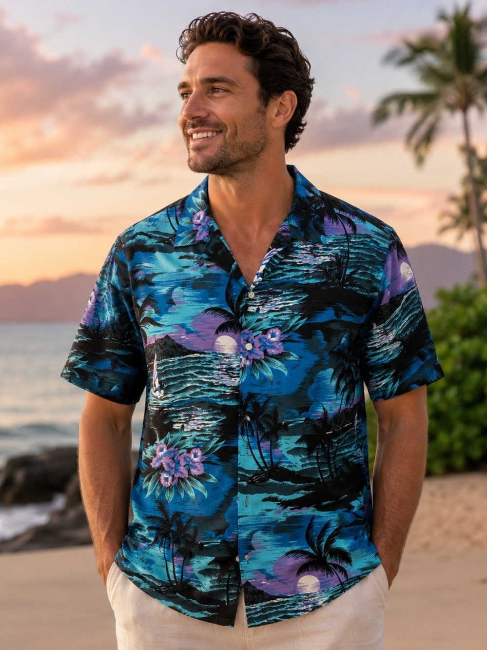 Men's Casual Short-Sleeve Tropical Button-Down Shirt - Blue & Black Sz L